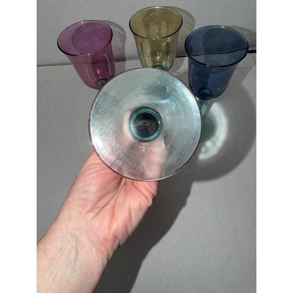 Vintage Jewel Tone Iridescent Wine Goblets 4 Mixed Colors Teal Stems 9.75" - Picture 4 of 8